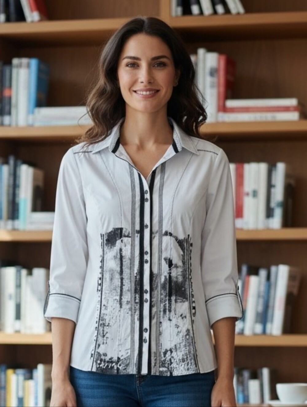 Women’s White Button-Front Shirt with Black Graphic Trim 3105